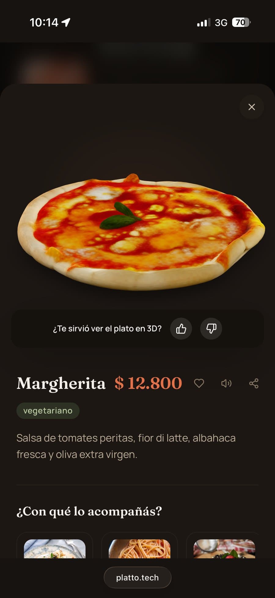 Ficha de una pizza con su modelo 3D en Platto