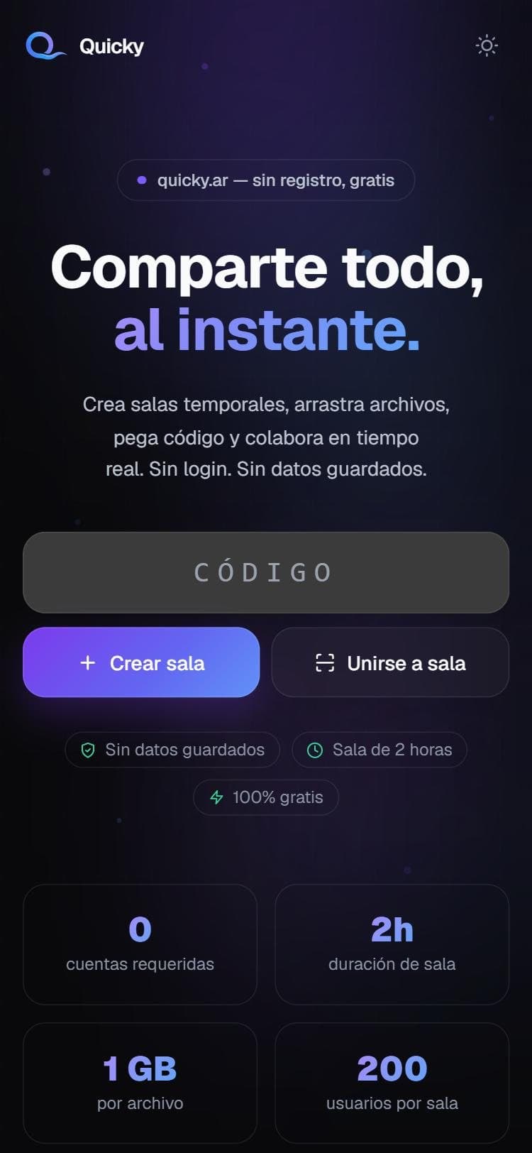 Portada de Quicky en un celular, con el campo para el código y el botón para crear una sala