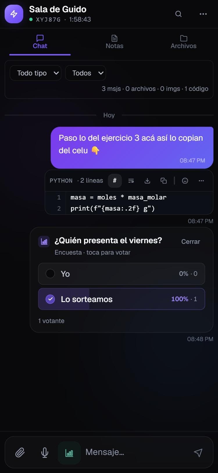 Una sala de Quicky con un mensaje, un bloque de código y una encuesta